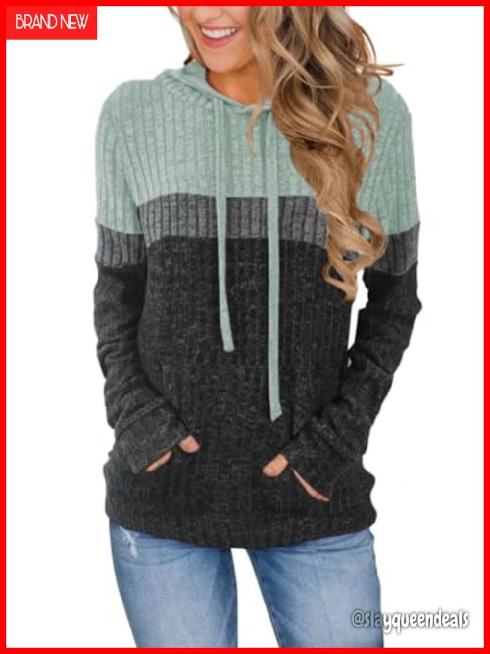 Women's Ribbed Knit Hoodie Colorblock Tunic Sweater with Kangaroo Pocket